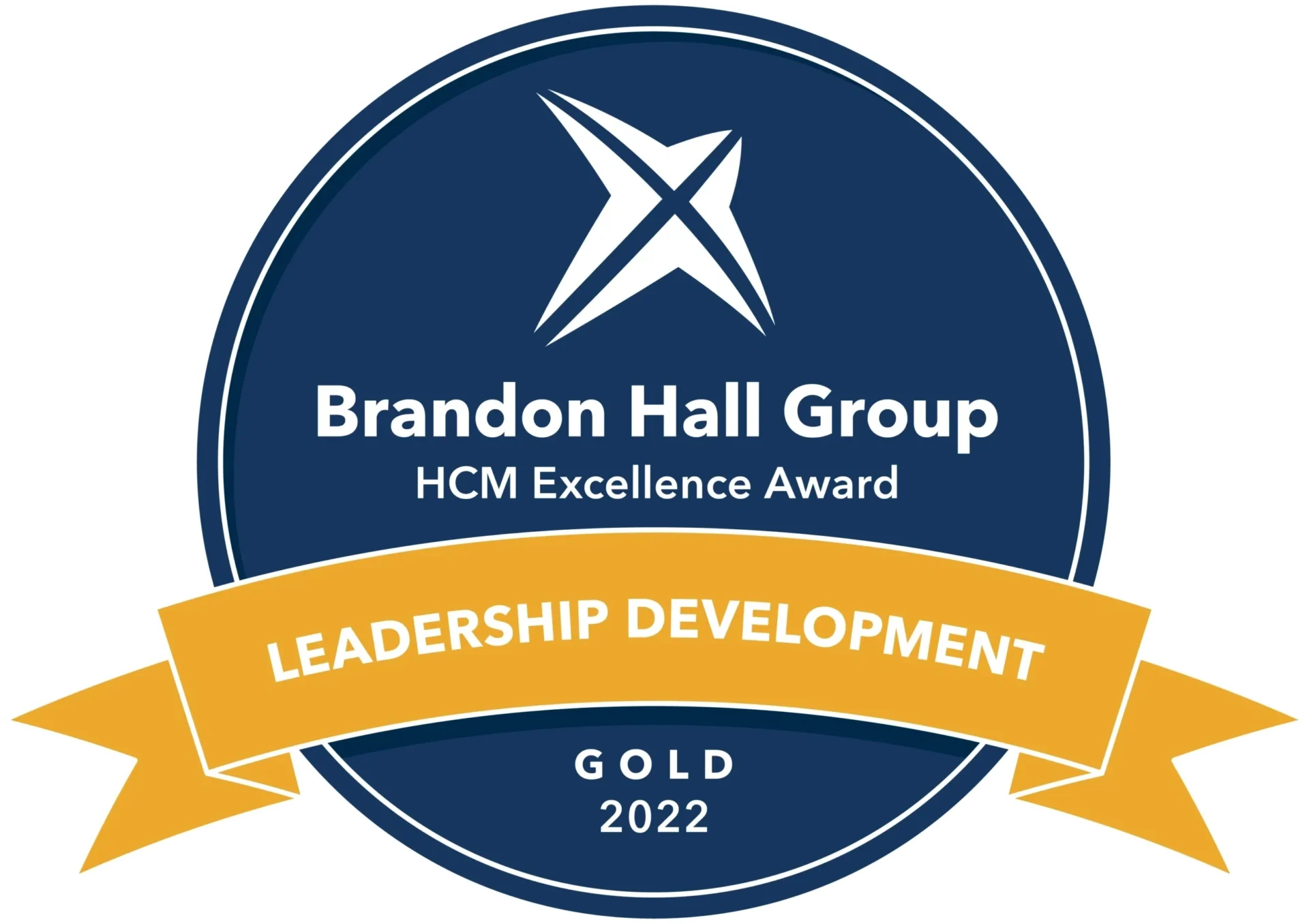 A blue and yellow award with the words brandon hall group hcm excellence award.